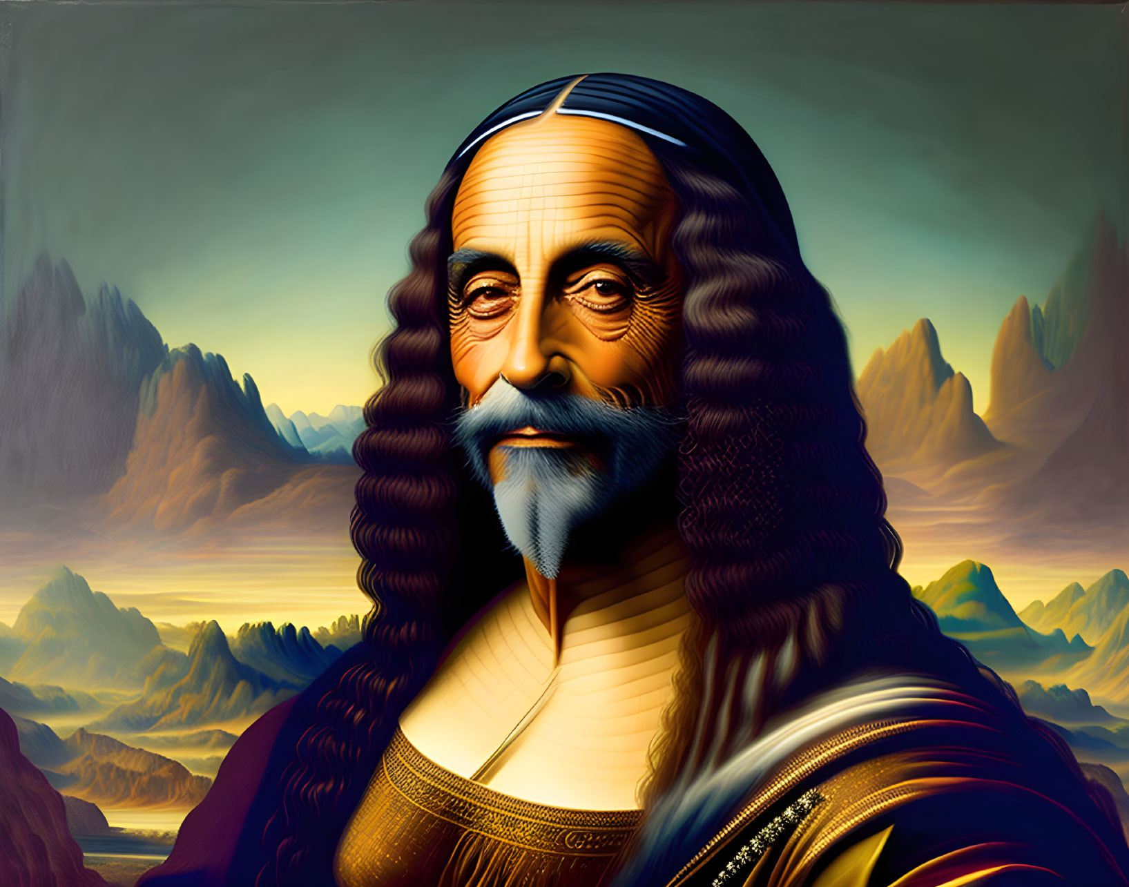 Illustrated portrait of wise man with long beard against mountain backdrop