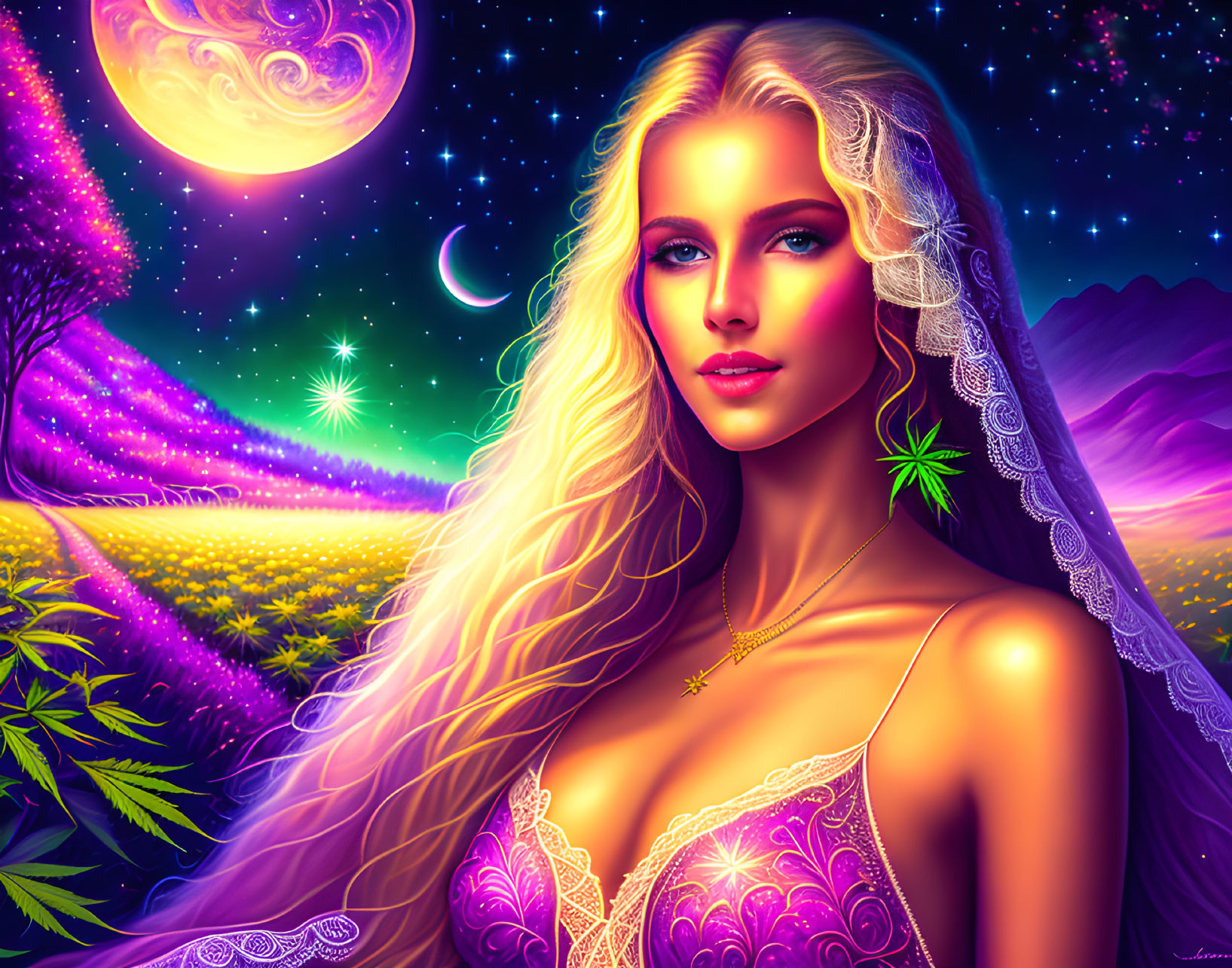 Fantasy woman portrait with glowing hair in moonlit night landscape