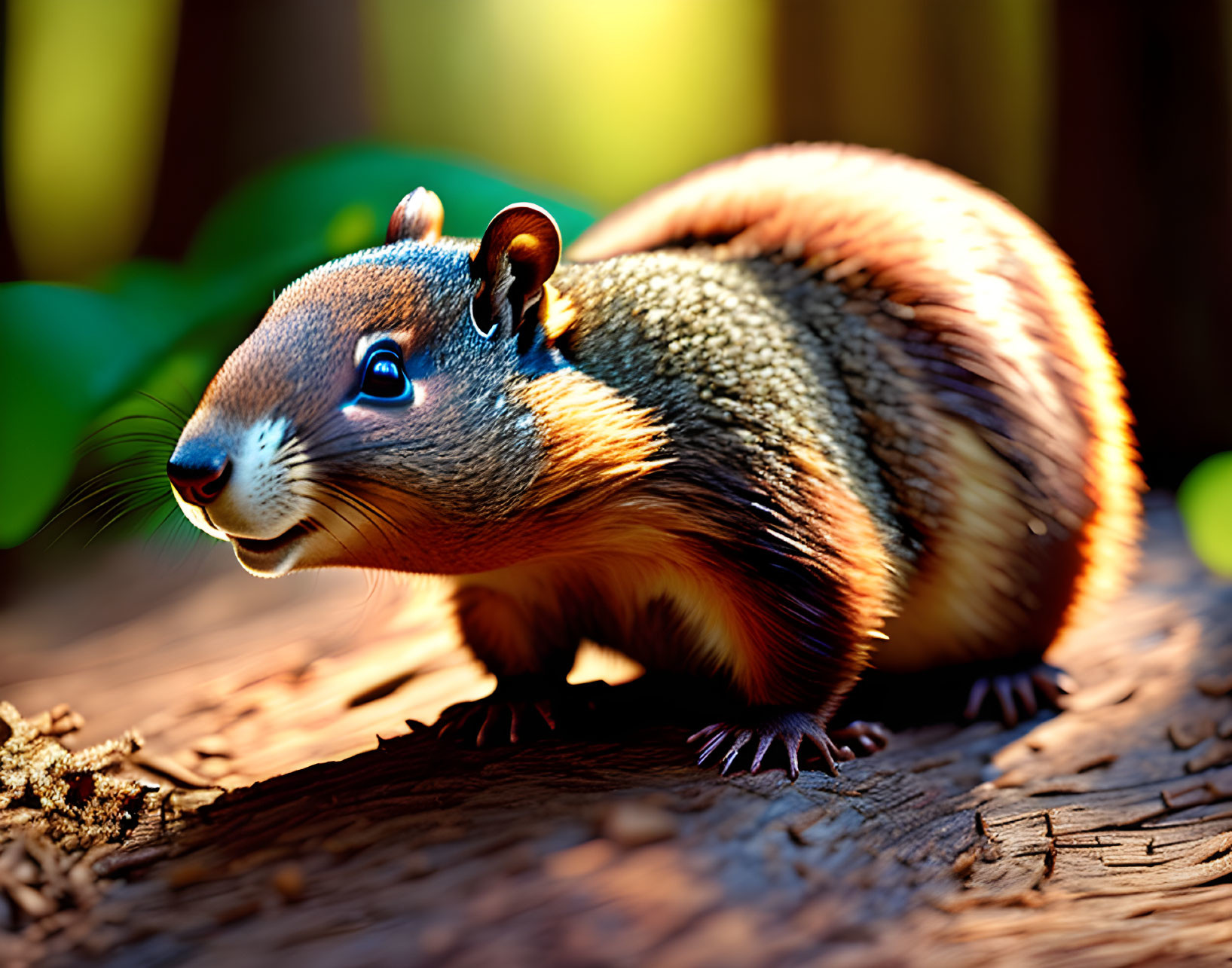 Brown Fur Chipmunk Perched on Textured Log in Forest