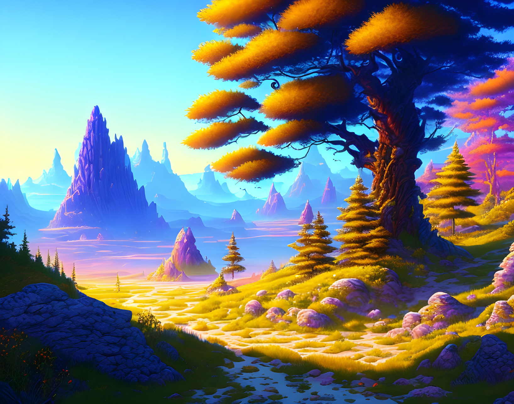 Colorful landscape with towering spires, yellow trees, river, and sky at dawn or dusk