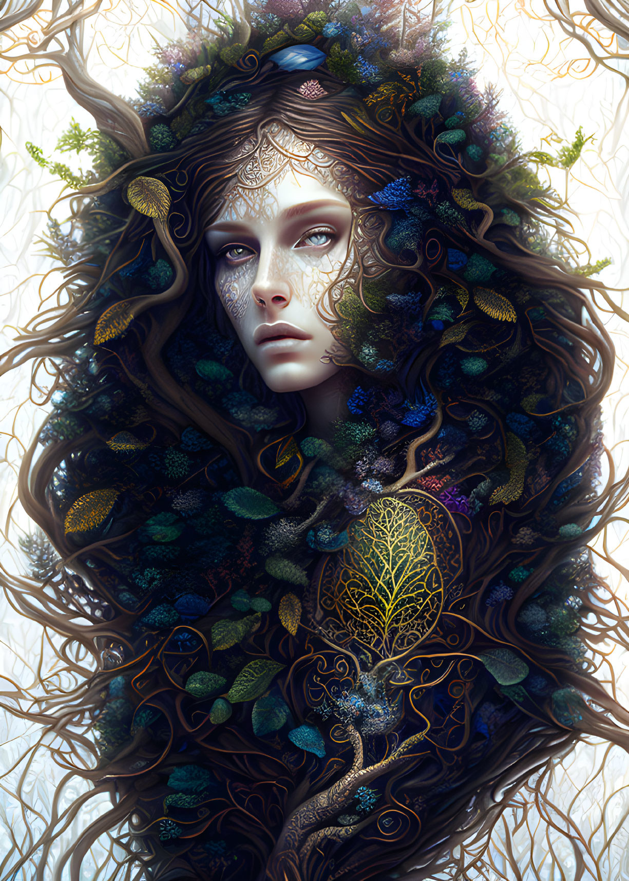 Detailed artwork: Woman with foliage & flowers in hair