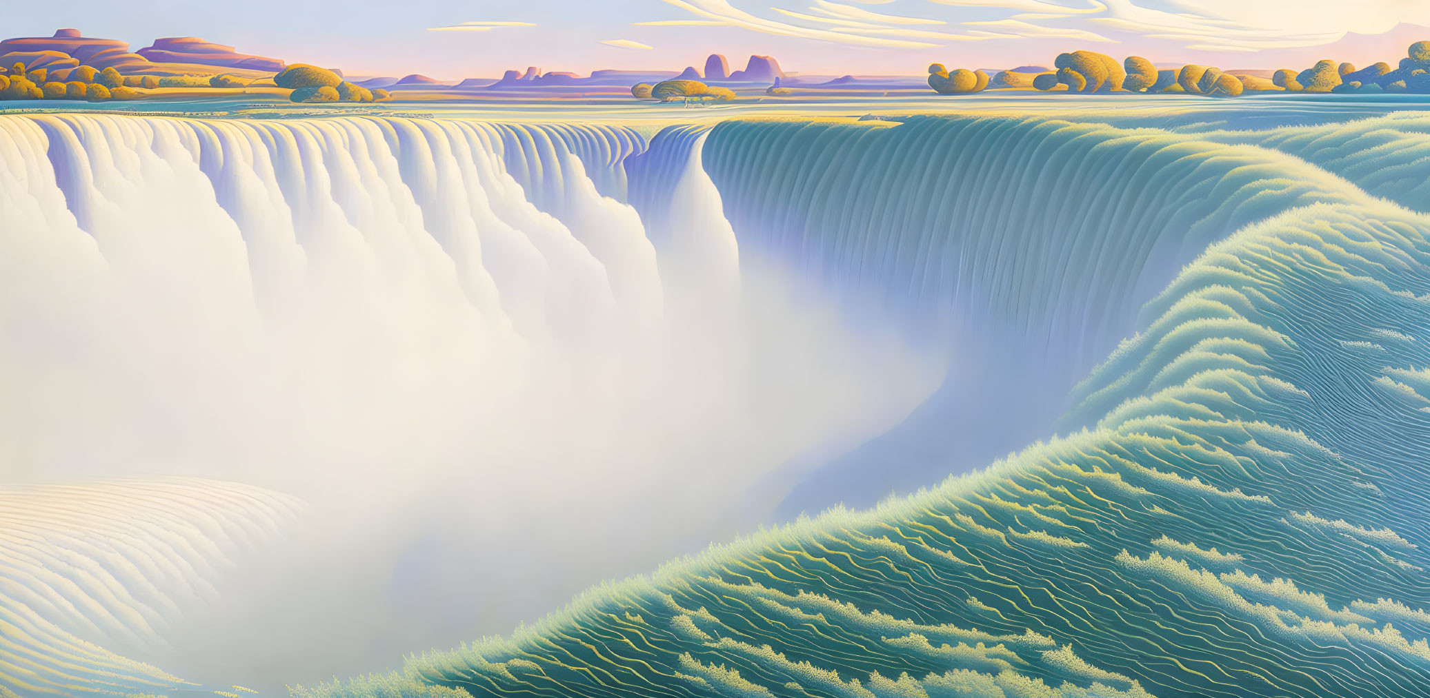 Illustration of vast waterfall, blue waters, golden hills, calm sky