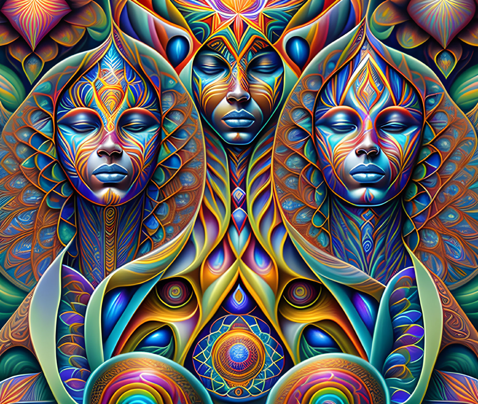 Colorful symmetrical faces with intricate patterns in a spiritual theme