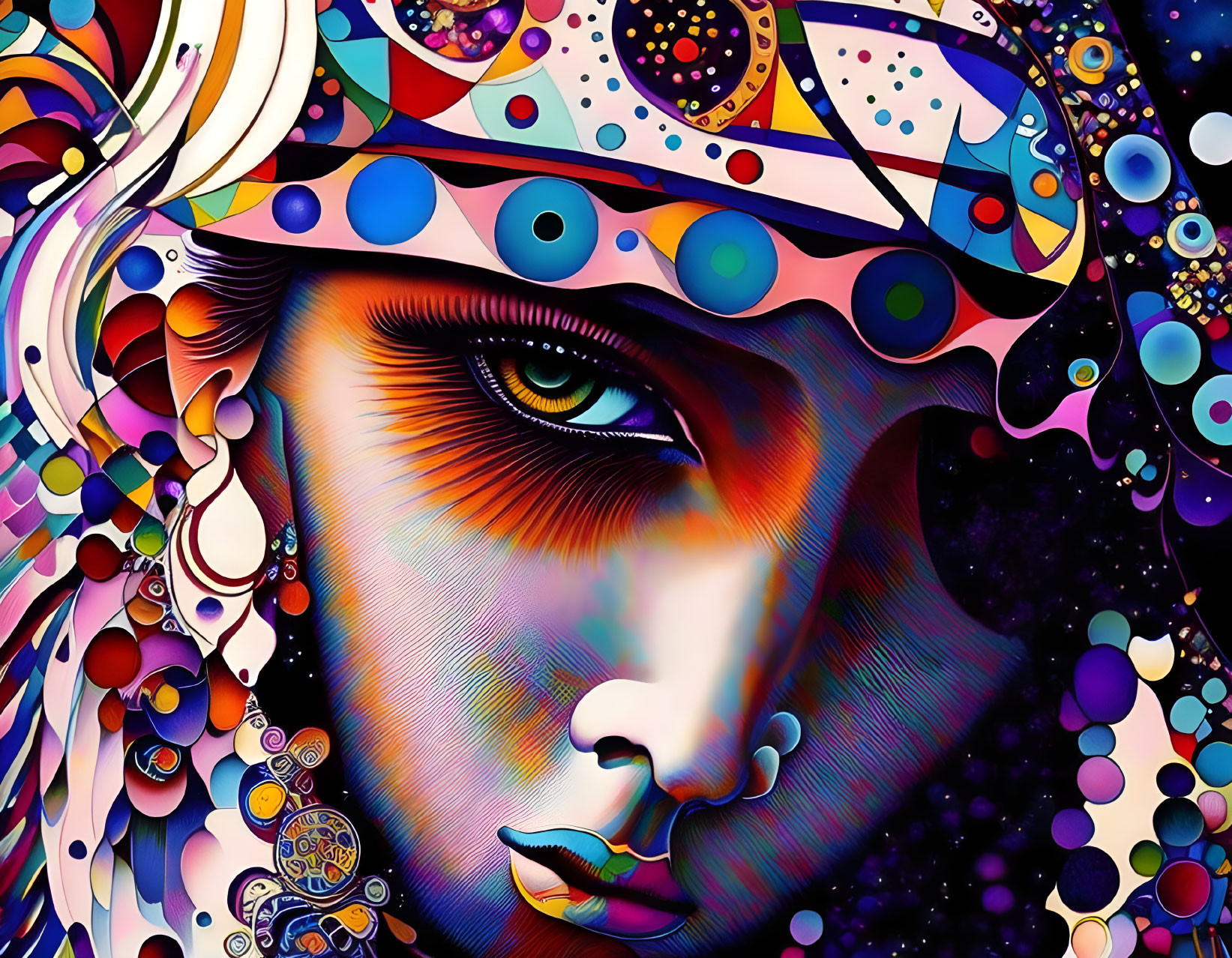 Colorful digital artwork: Intricate patterns on woman's face