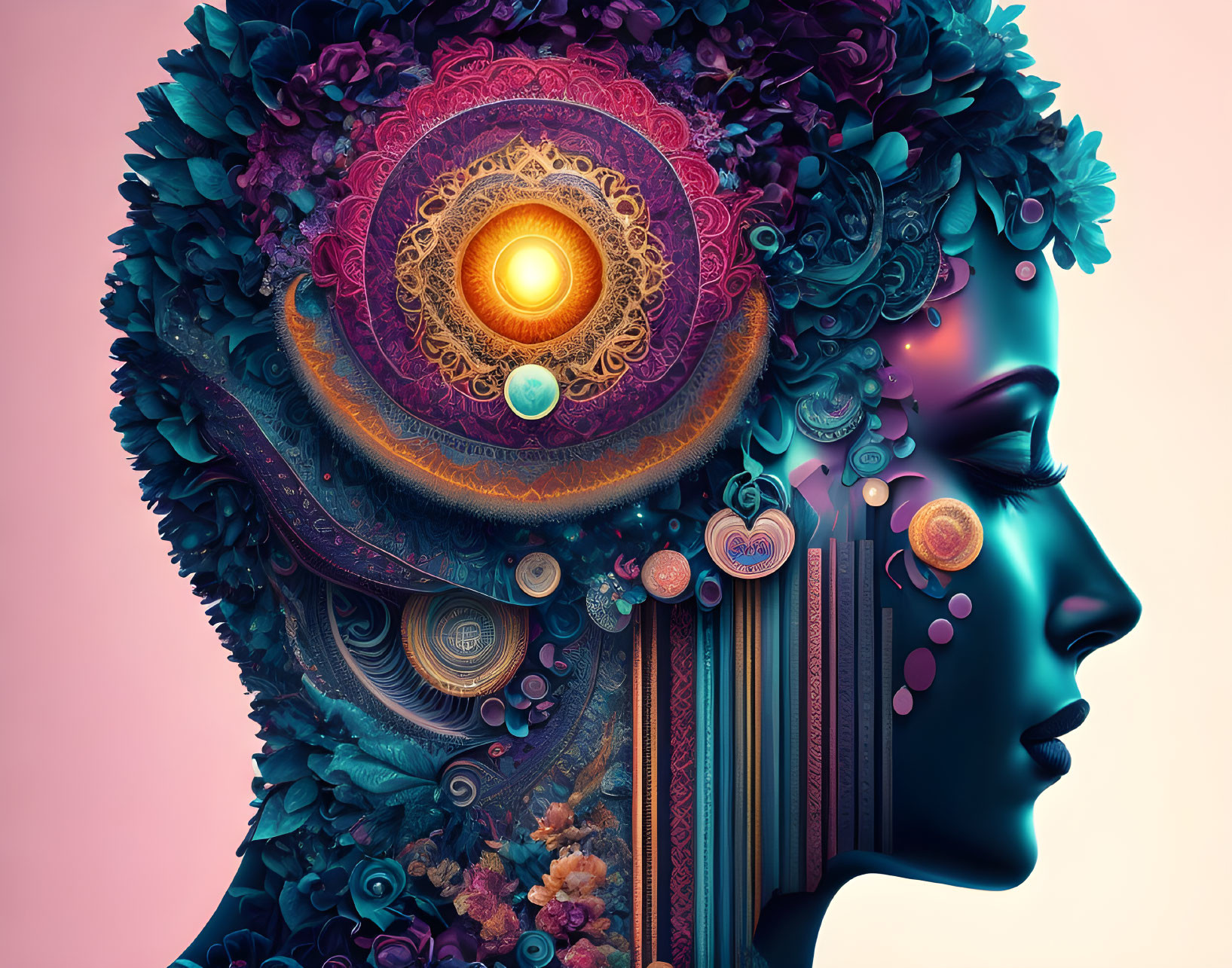 Vibrant digital artwork: Woman in profile with intricate patterns and glowing mandala