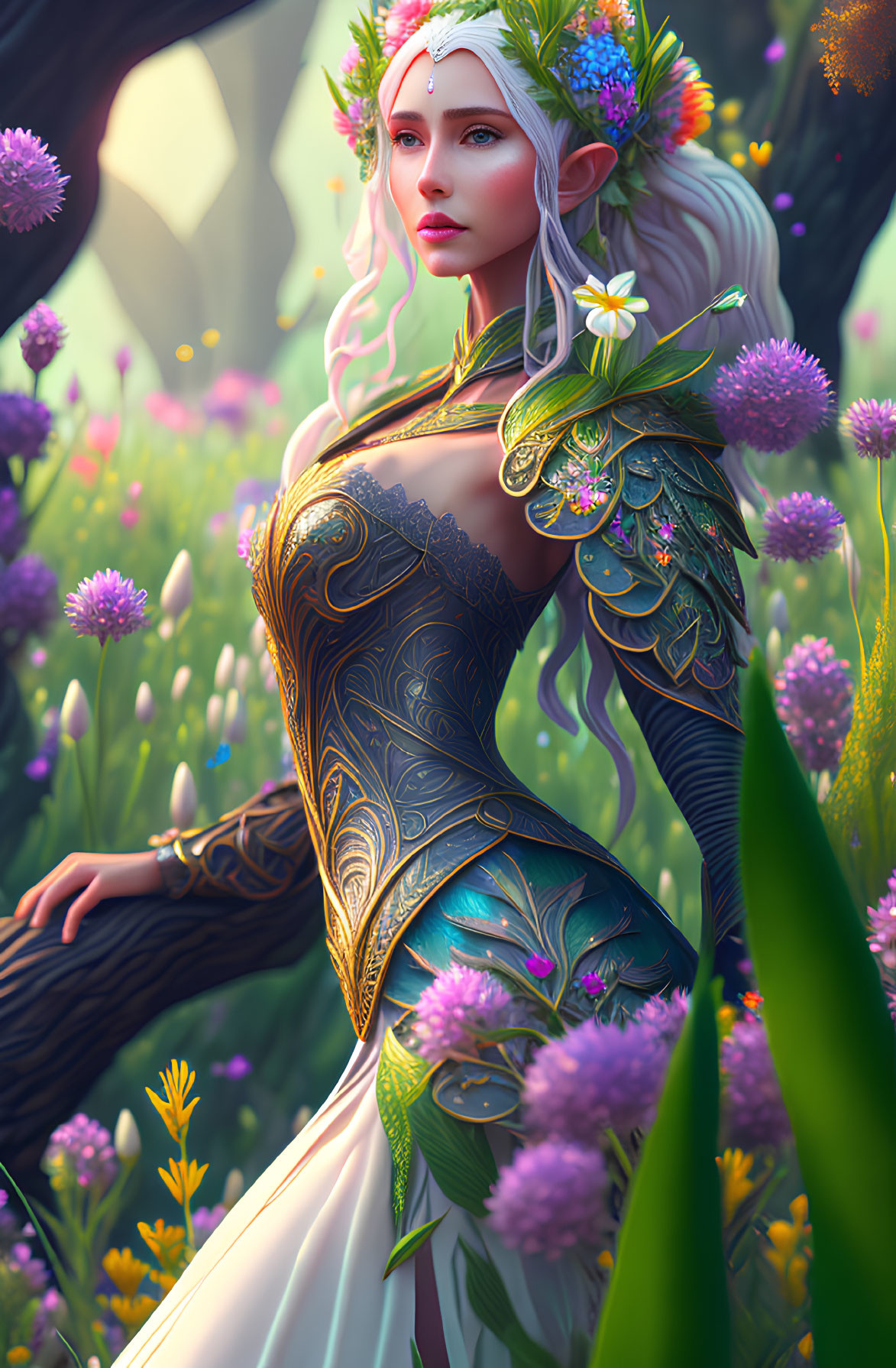 Ethereal woman in nature-inspired armor among vibrant flowers