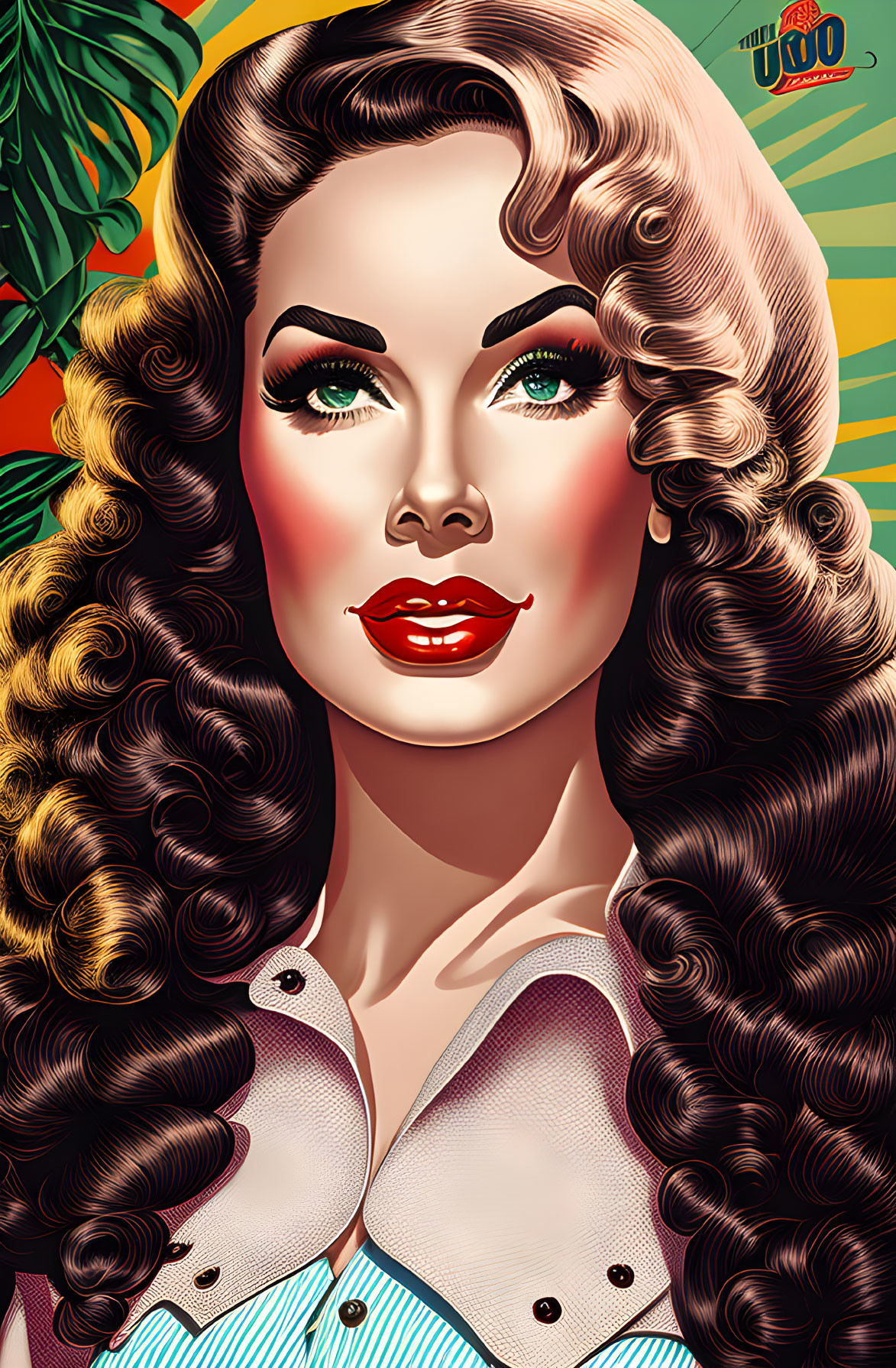 Vibrant illustration of woman with curly hair in retro style against tropical backdrop