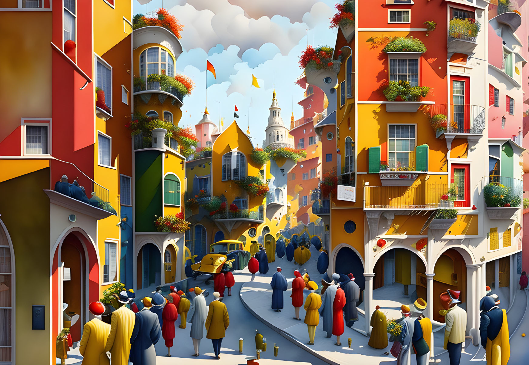 Whimsical town with colorful characters and vibrant buildings