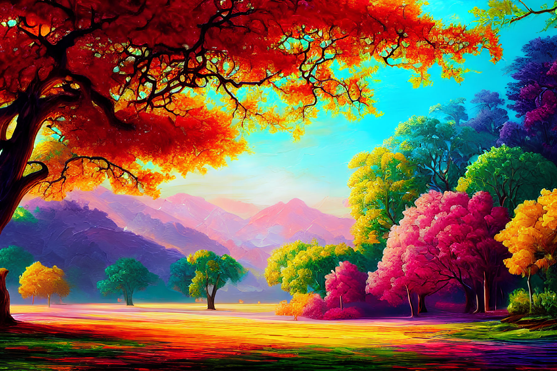 Colorful Autumn Landscape with Setting Sun and Mountains