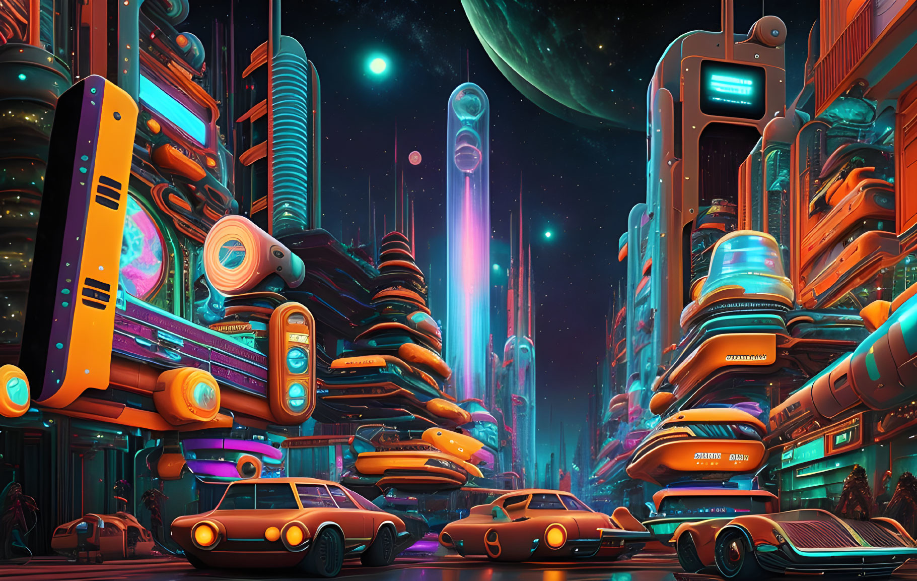 Futuristic night cityscape with neon lights and flying cars