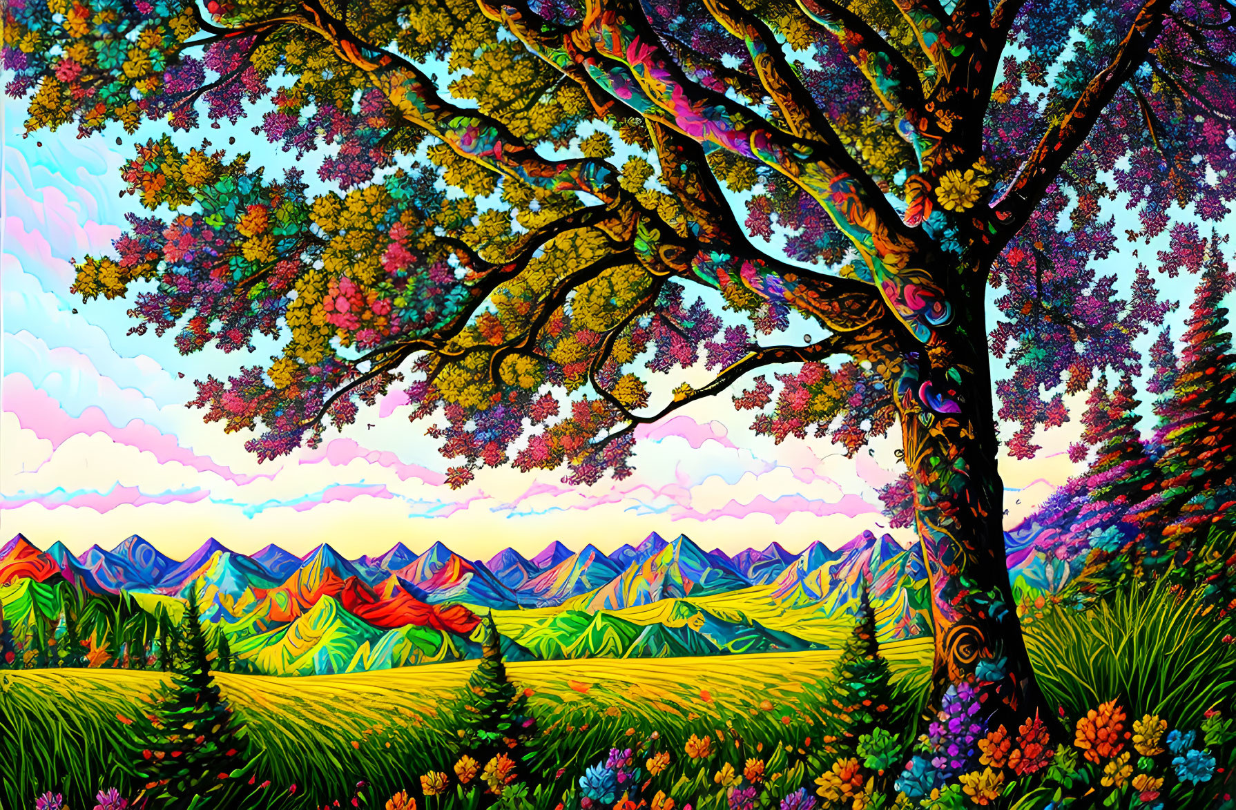 Colorful Landscape with Lush Tree and Vibrant Mountain Range