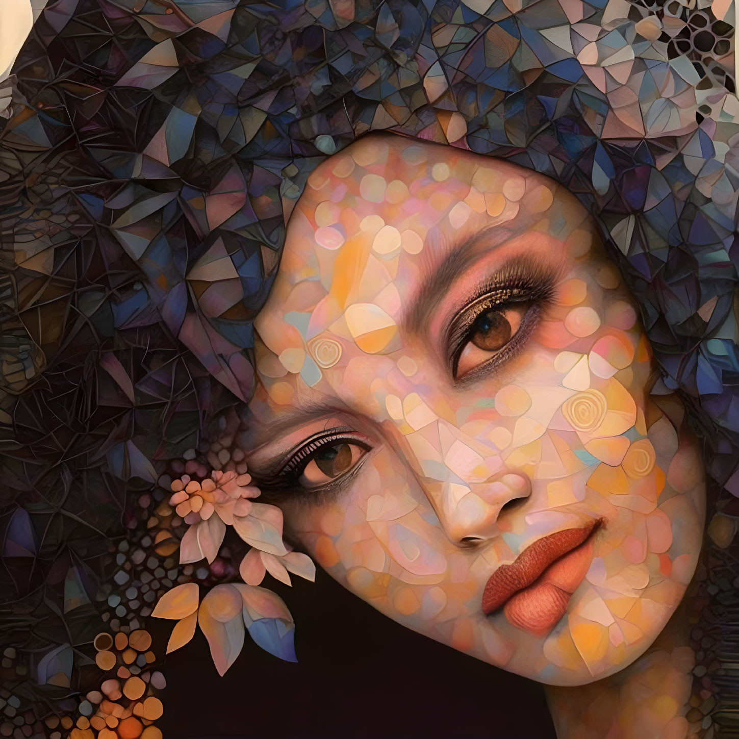 Digital portrait of woman with geometric and floral patterns on mosaic background