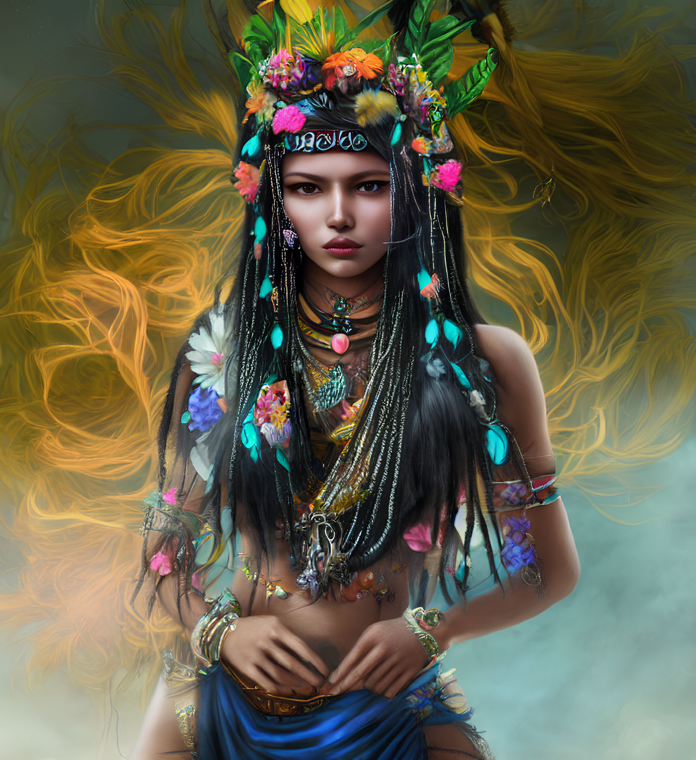 Vibrant digital art portrait of a woman with blue eyes, dark hair, flowers, feathers,