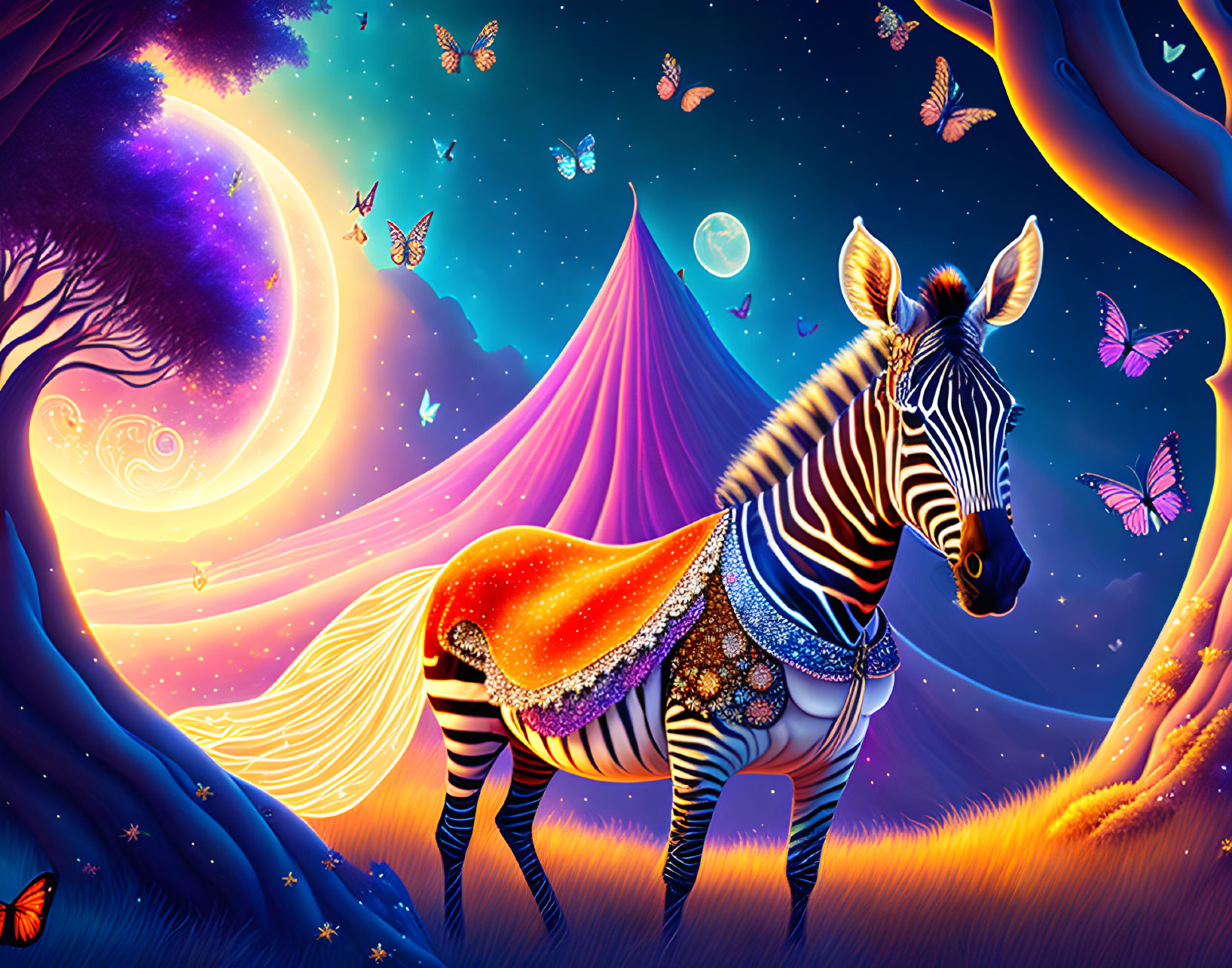 Colorful fantasy illustration: Zebra with shimmering patterns, butterflies, starry sky