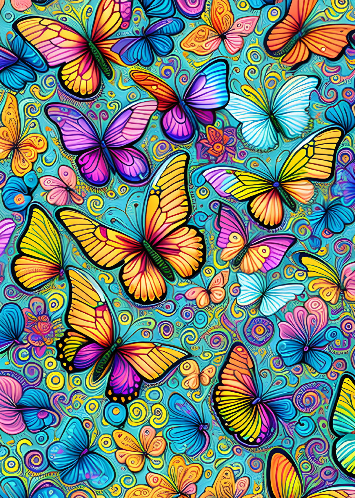 Colorful Butterfly Illustration on Blue Swirl Background