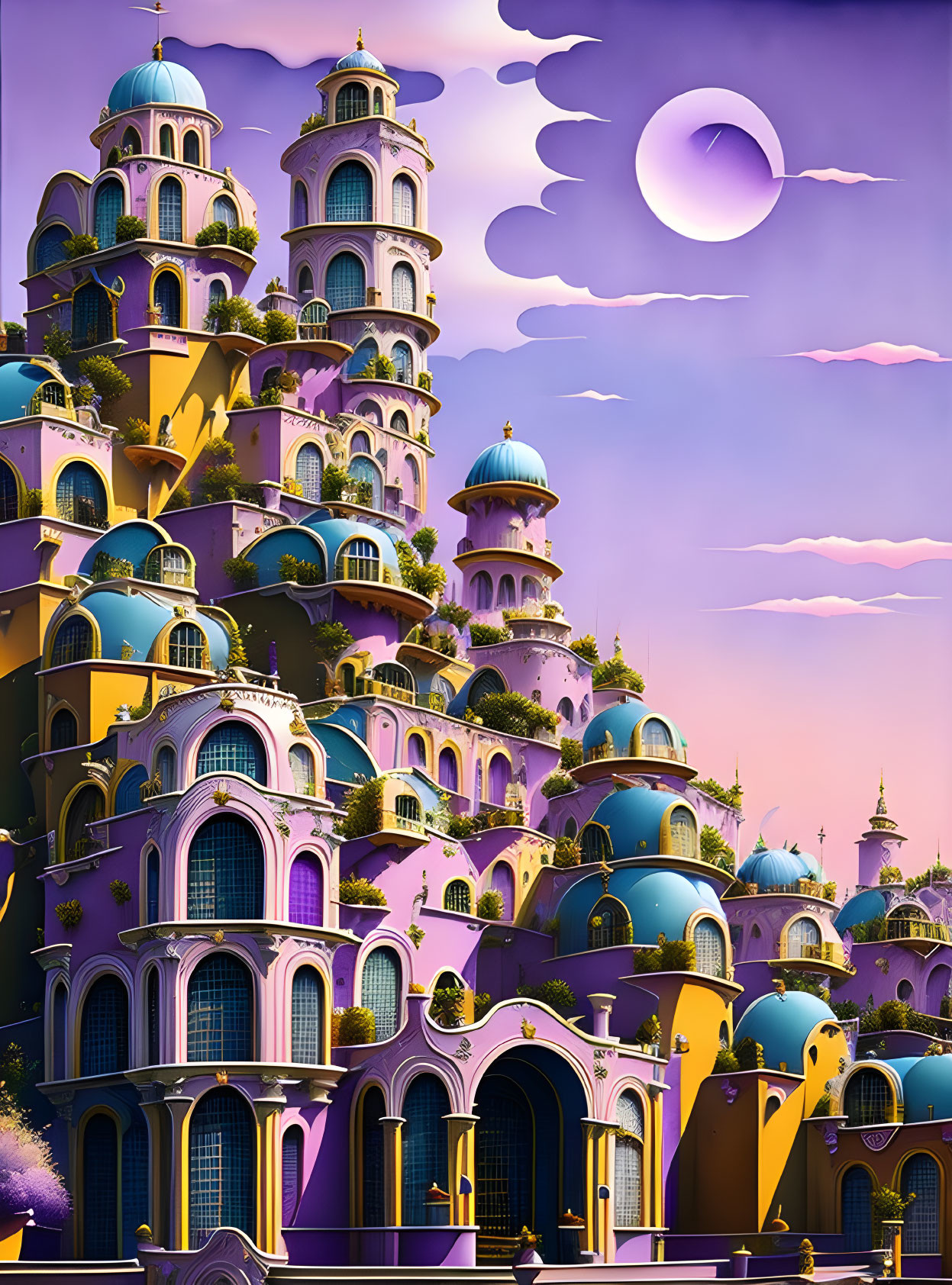 Whimsical illustration of fantastical city under purple sky