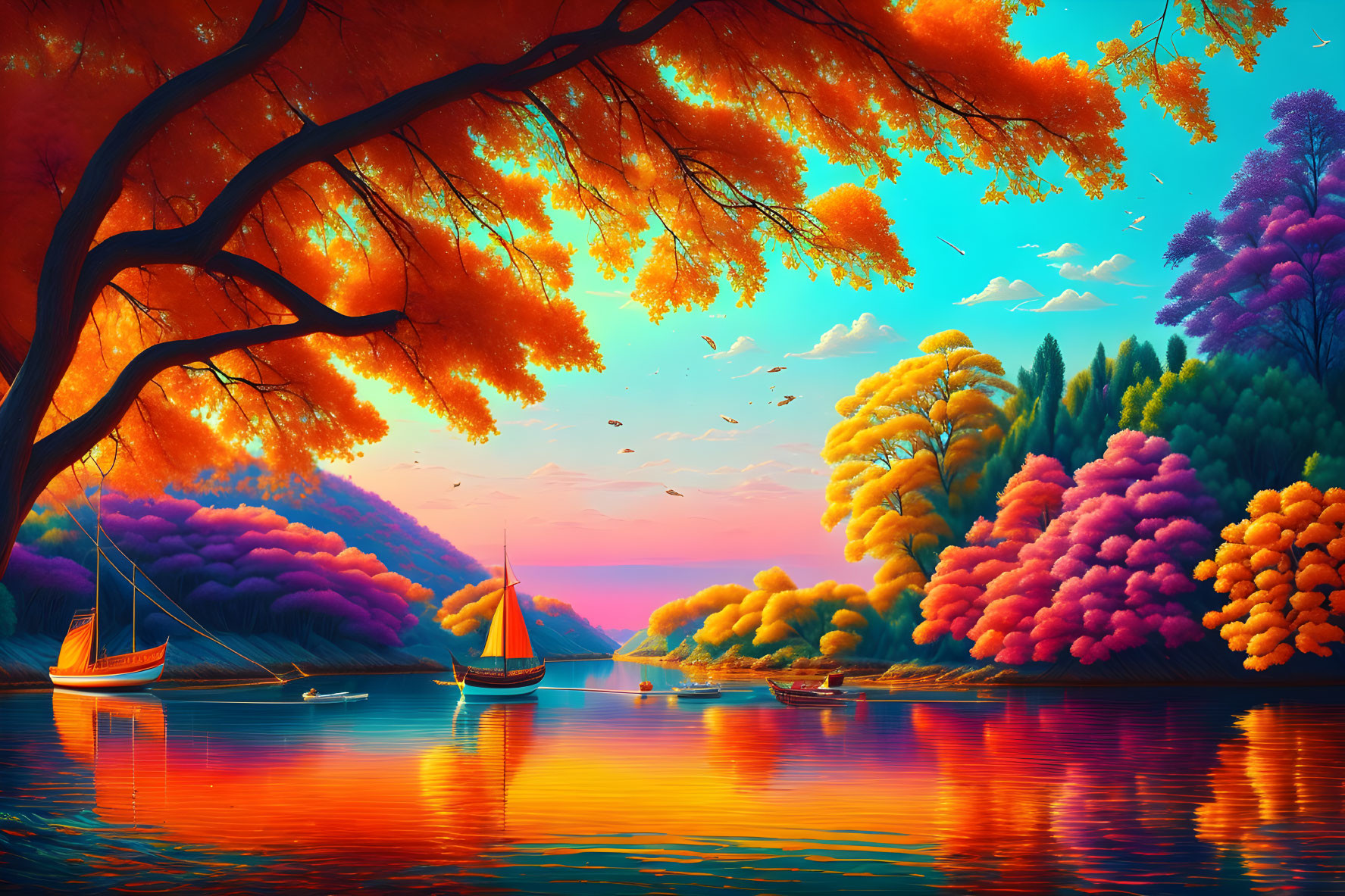 Colorful Trees Reflecting on Water with Sailboats and Birds in Sunset-lit Sky