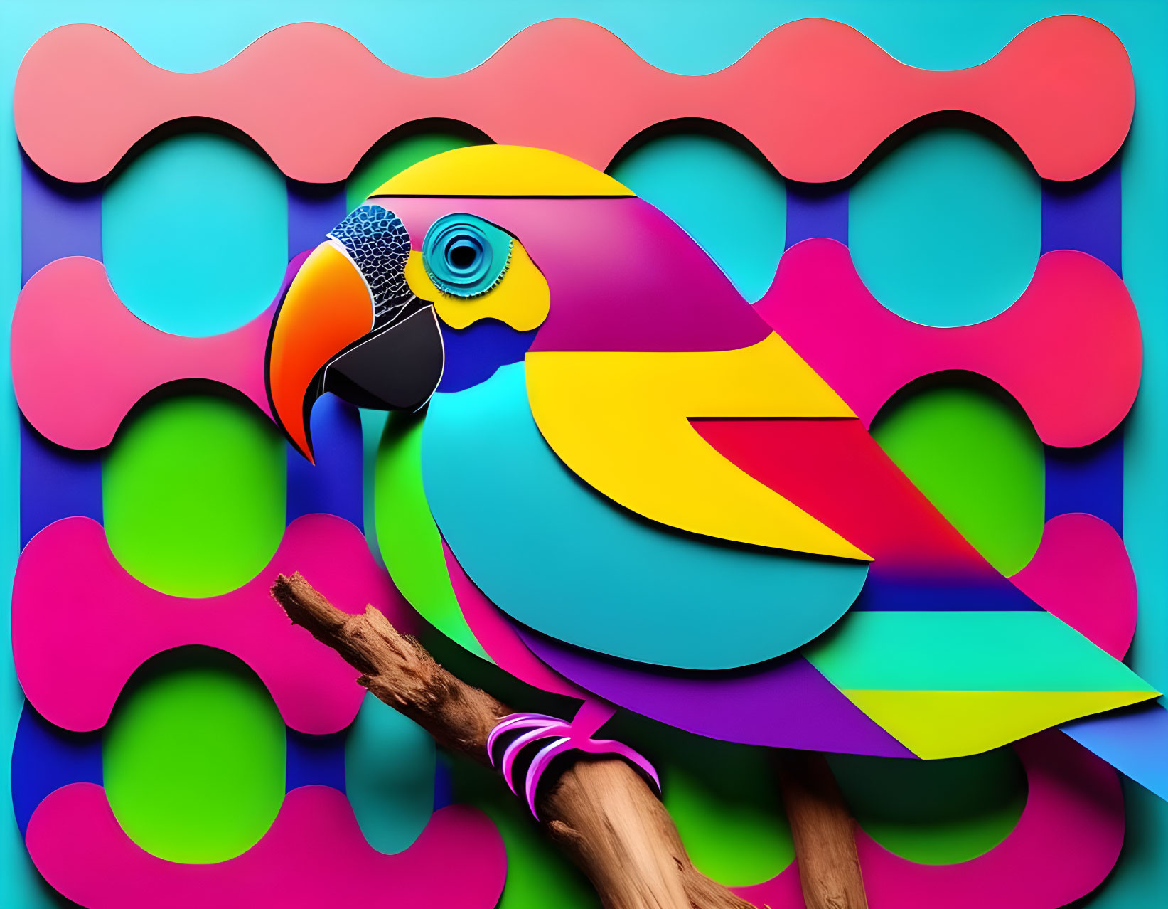 Vibrant Parrot Paper Art on Branch with Colorful Borders