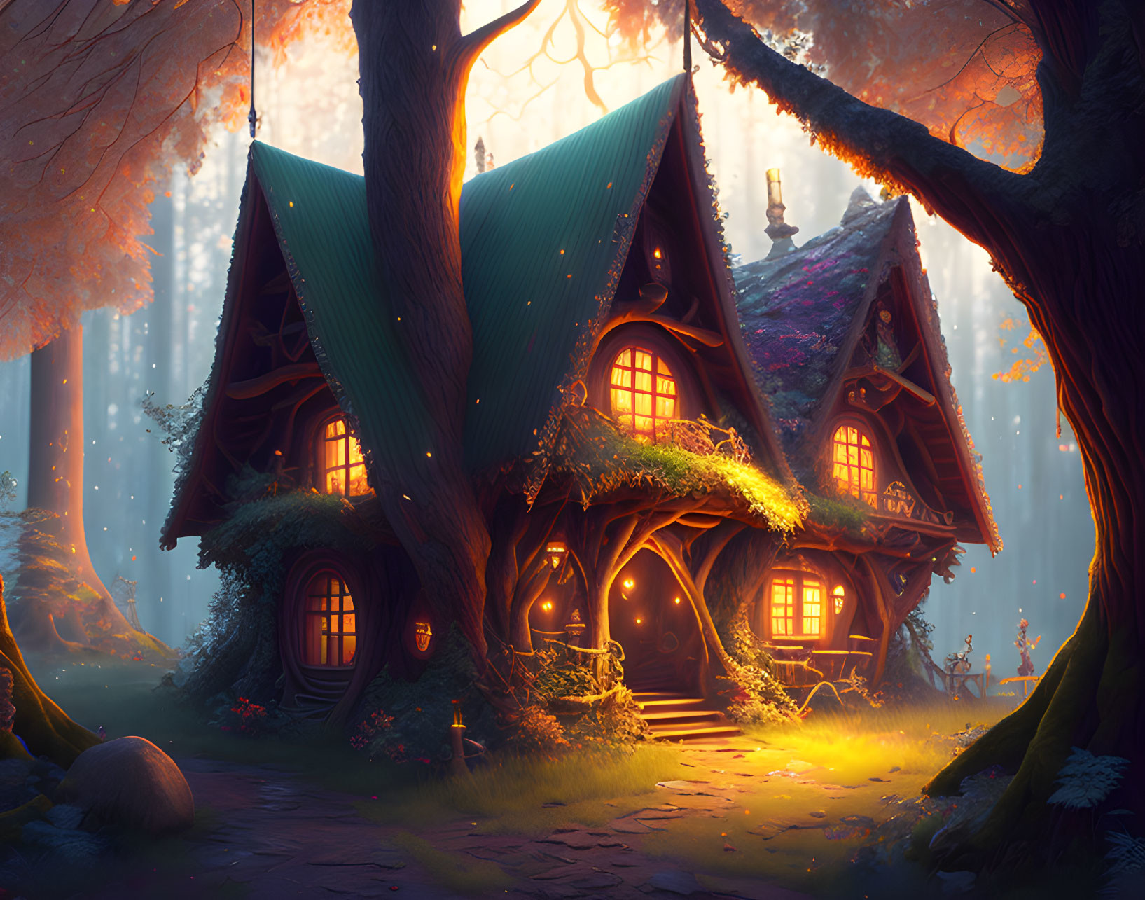 Enchanted Forest Cottage Surrounded by Glowing Windows