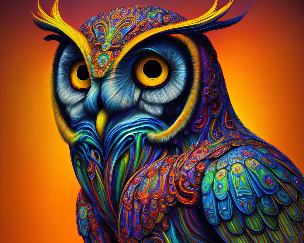 Vibrant owl illustration with intricate psychedelic patterns