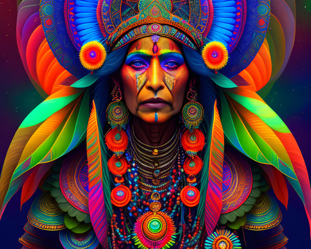 Colorful digital artwork of person in indigenous attire with feathered headdress