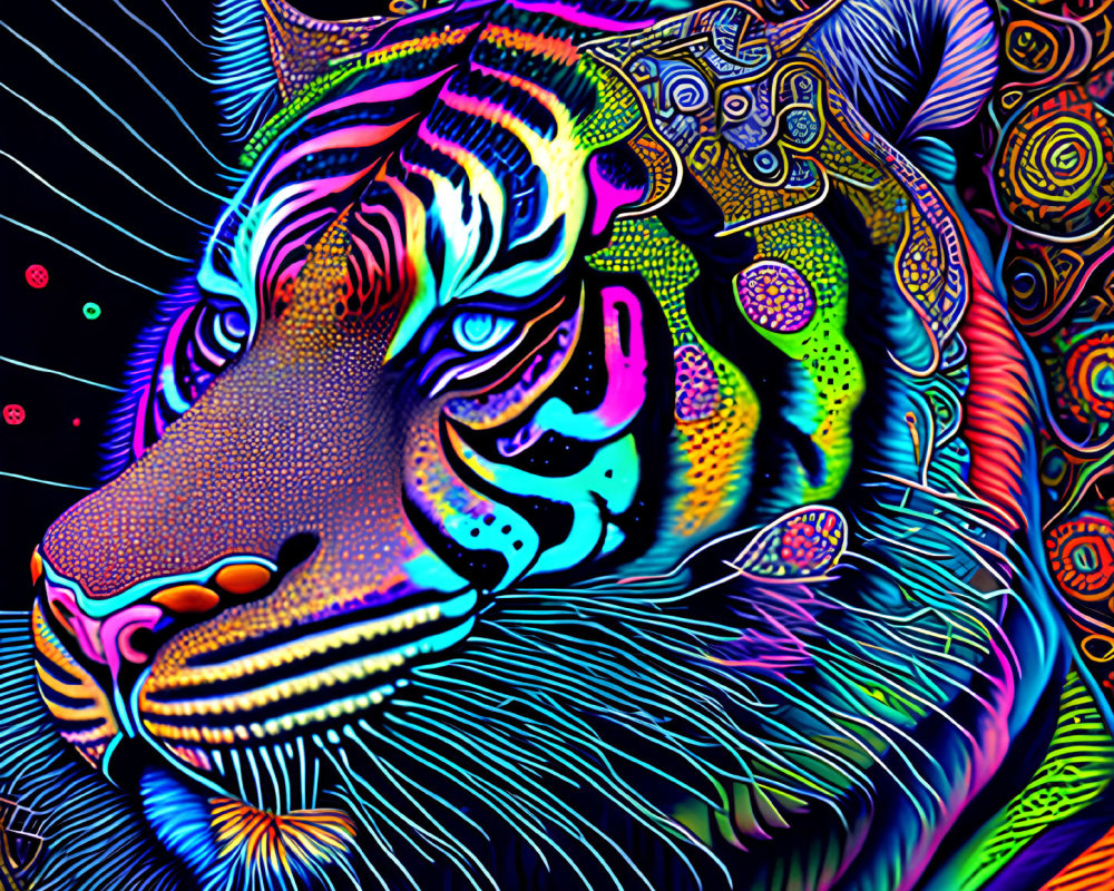 Colorful Psychedelic Tiger Face Artwork with Neon Patterns