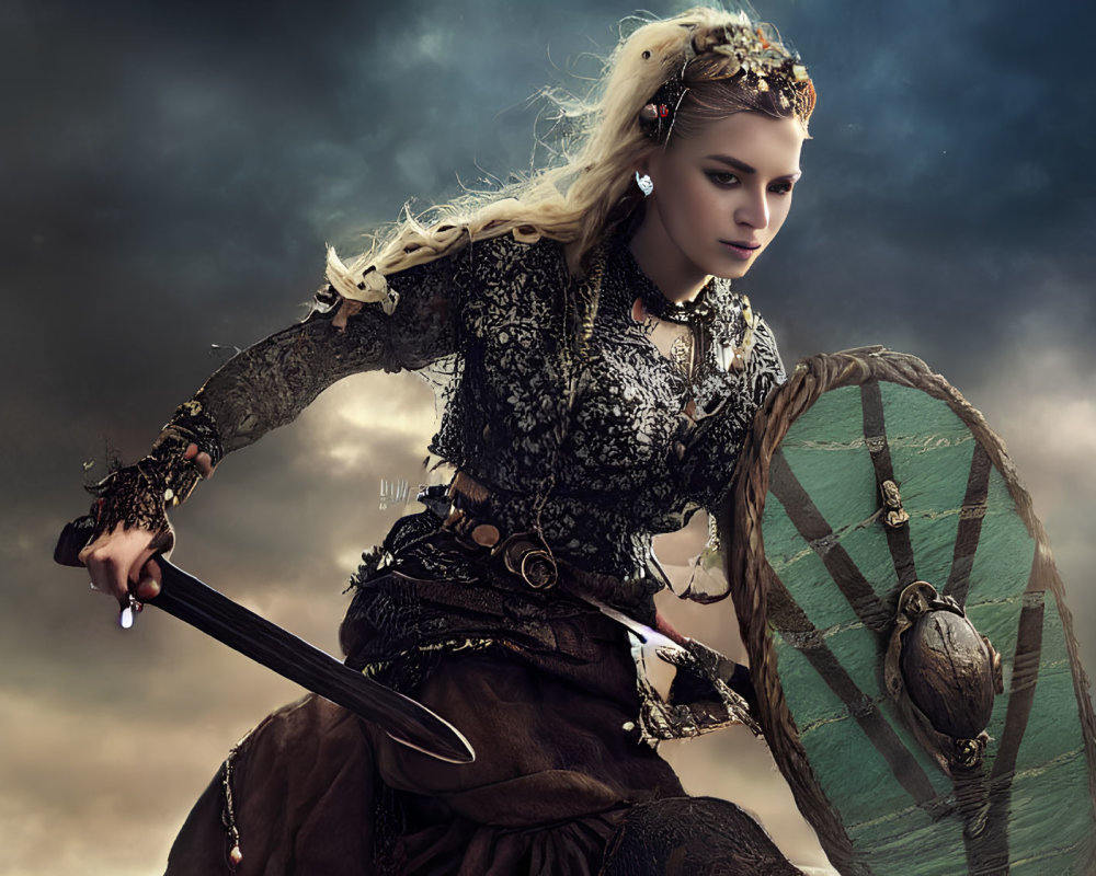 Medieval warrior woman in ornate attire with sword and shield against dramatic sky