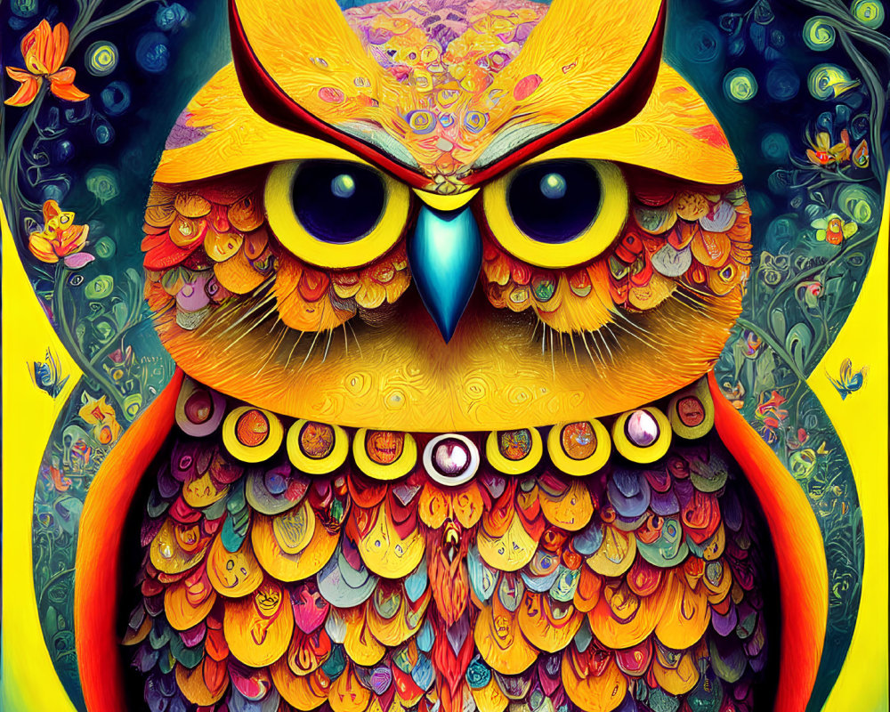 Colorful Stylized Owl Painting with Intricate Patterns