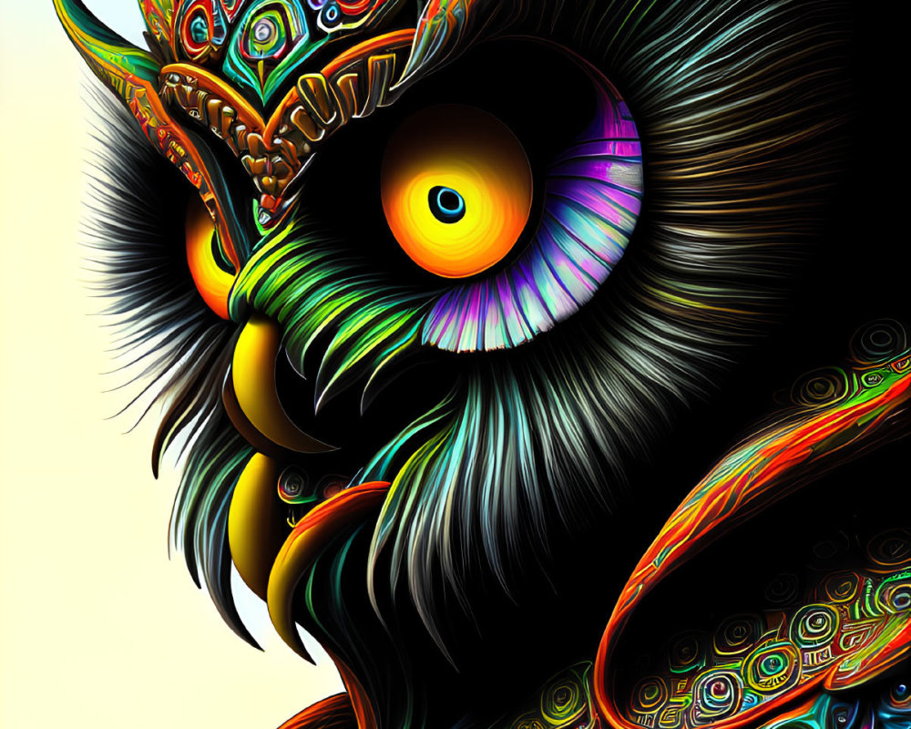 Colorful Owl Illustration with Swirling Eyes and Ornate Feathers