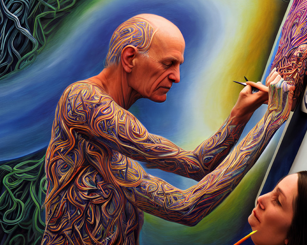 Elderly artist with intricate tattoos painting colorful portrait of woman