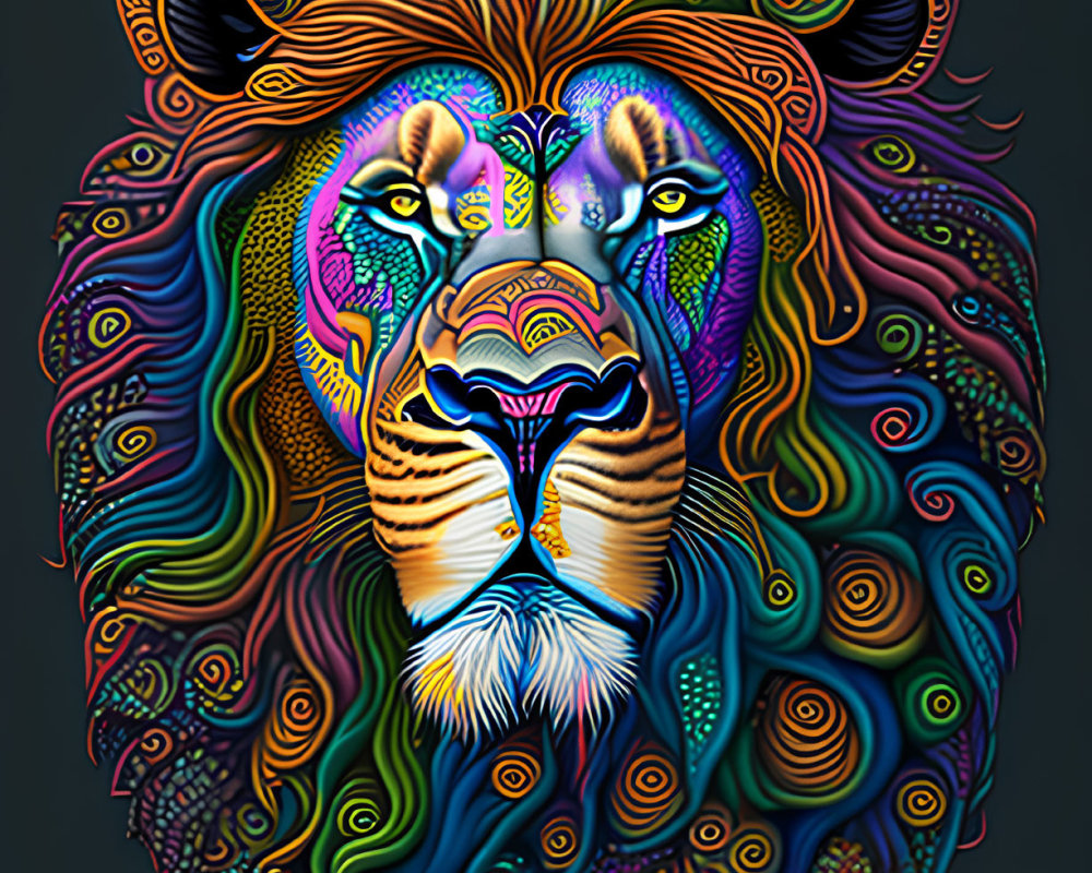 Colorful Psychedelic Lion Illustration with Swirling Patterns