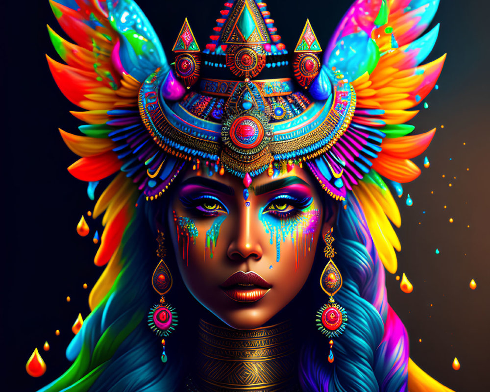 Colorful woman with rainbow feather headdress and glowing tears on dark background