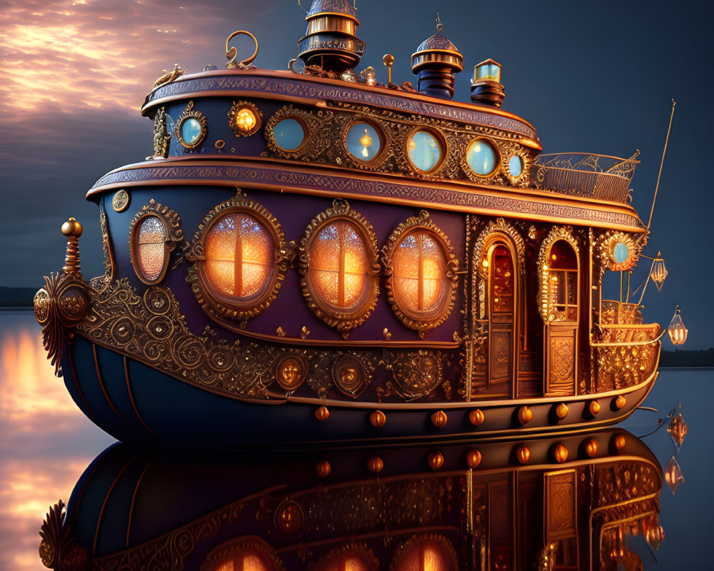 Fantastical airship with ornate golden details in twilight sky