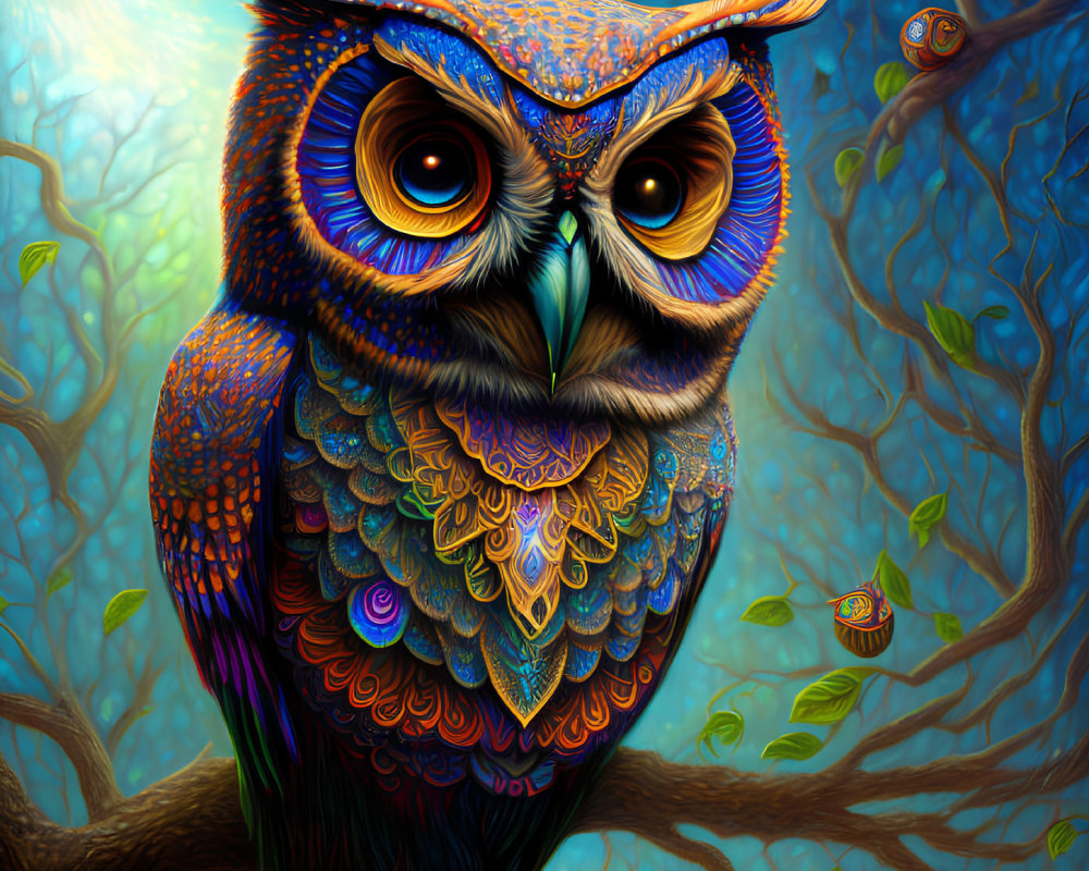 Colorful Owl Perched on Branch in Mystical Forest