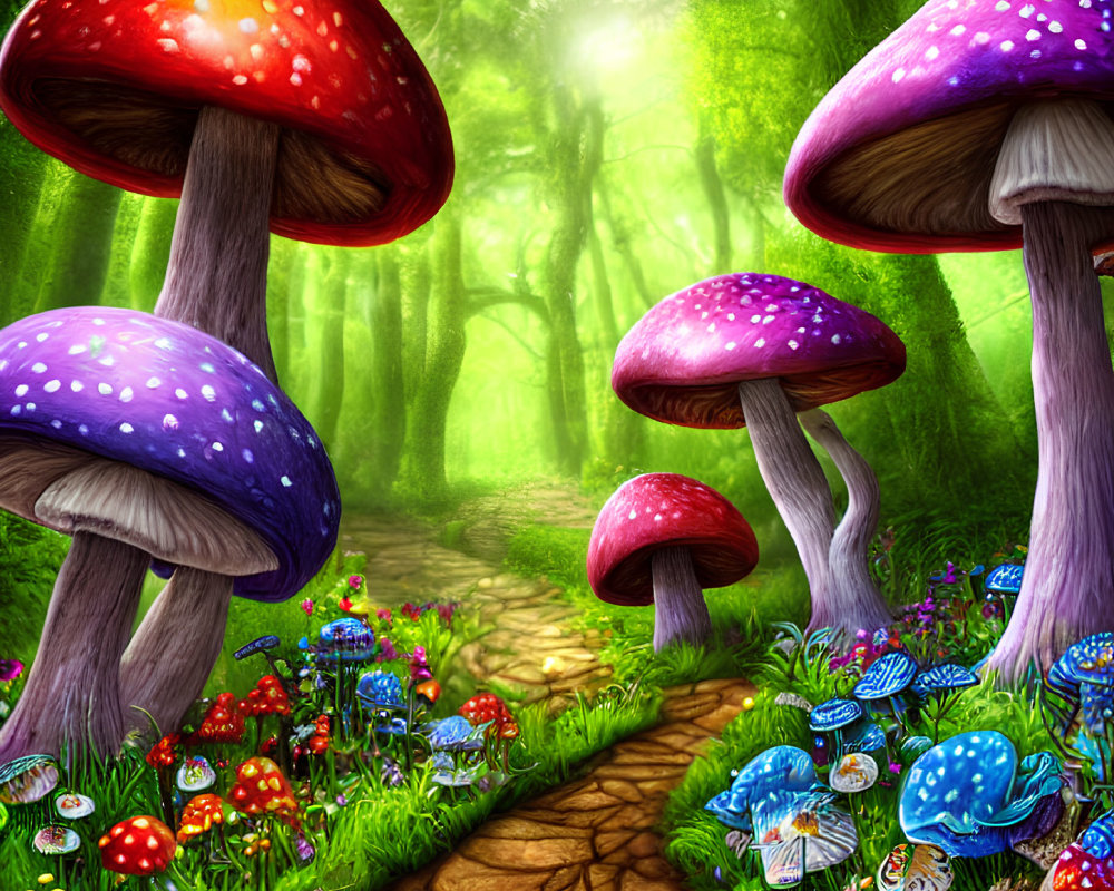 Enchanting forest path with oversized mushrooms and vibrant flora