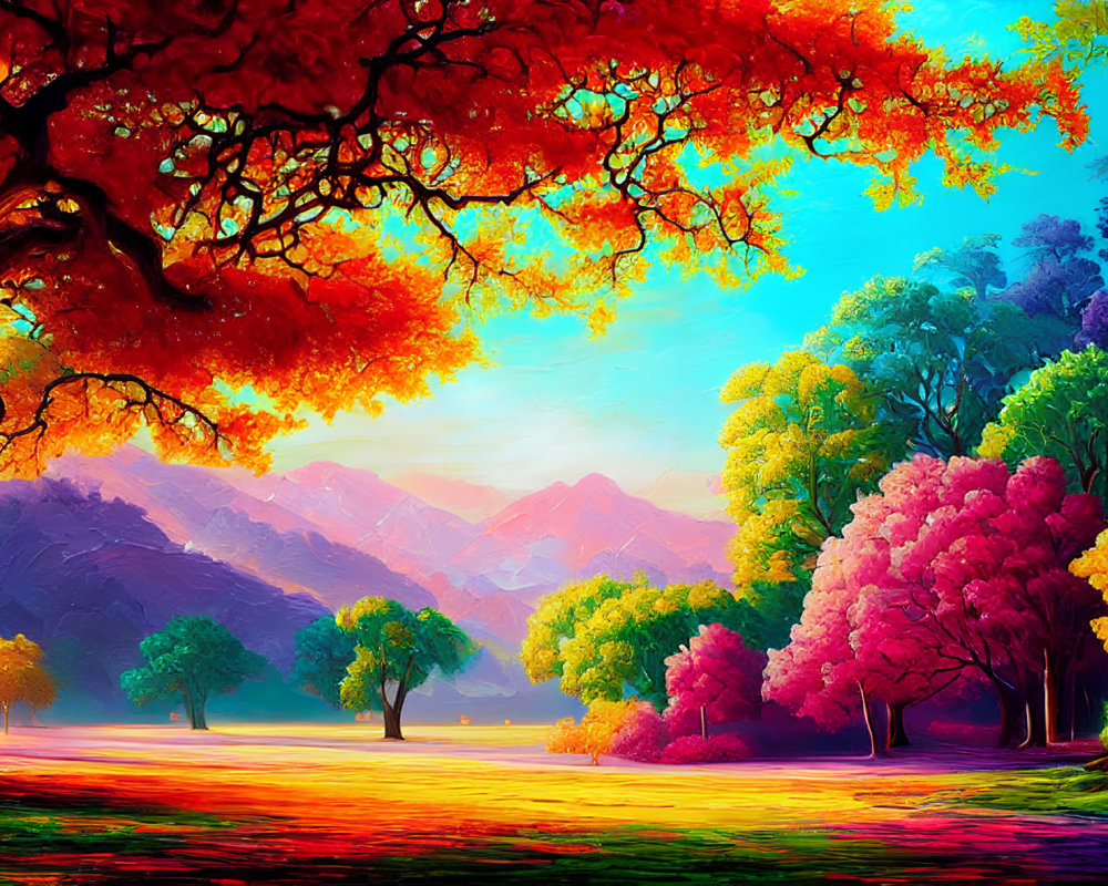 Colorful Autumn Landscape with Setting Sun and Mountains