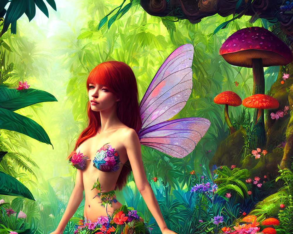 Red-haired fairy with translucent wings in lush, colorful forest