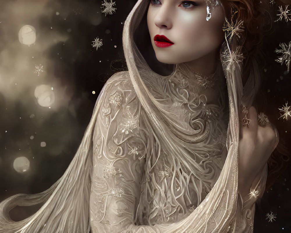 Intricate updo and flowing gown on elegant woman against starry backdrop