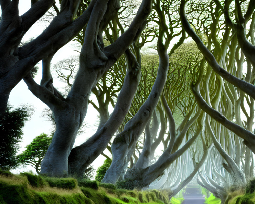 Tranquil tree-lined road with intertwined branches forming natural archway