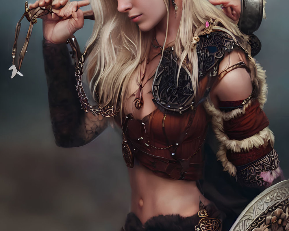 Blonde fantasy warrior woman with floral crown, sword, shield