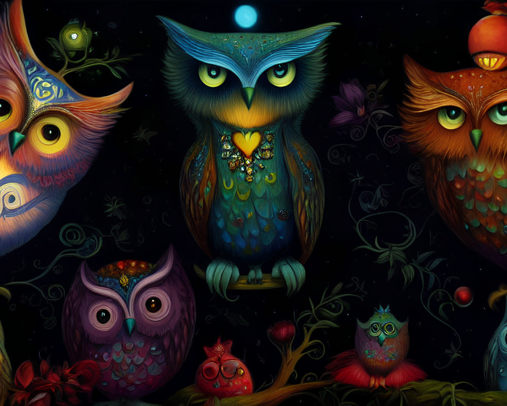 Vibrant owl illustration with intricate feather patterns and whimsical setting