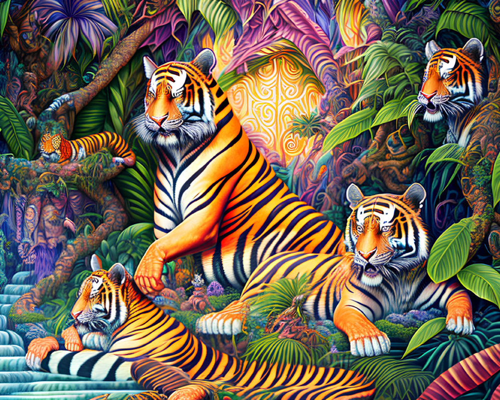 Colorful Tigers Resting Among Psychedelic Jungle Foliage