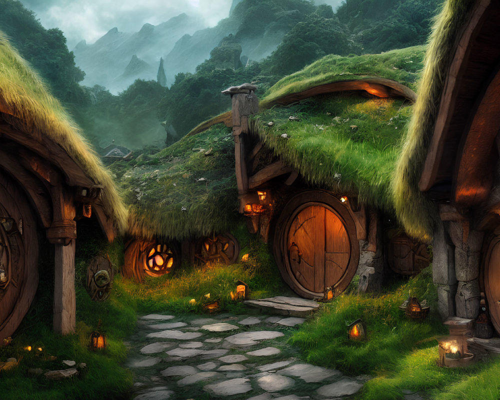 Fantasy landscape: Cozy hobbit-like houses in lush green setting at dusk