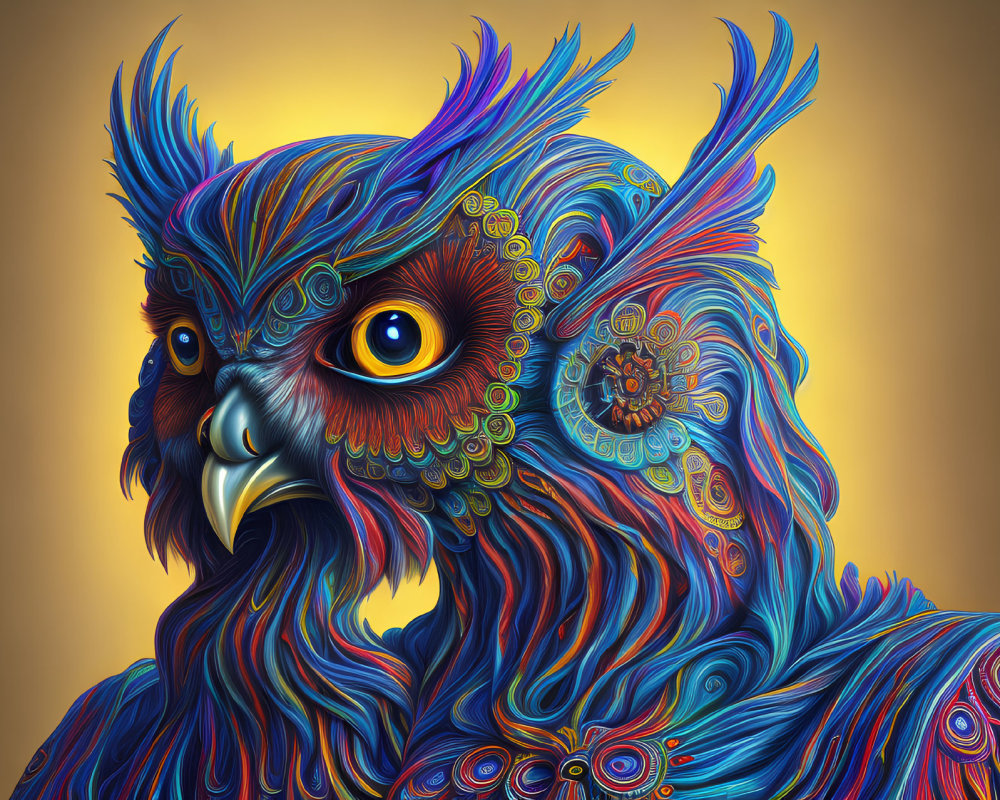 Colorful Owl Artwork with Mandala Motifs on Golden Background