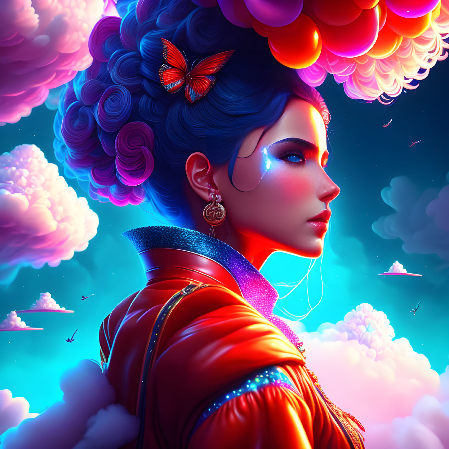 Colorful illustration: Woman with blue hair and butterfly in vibrant setting