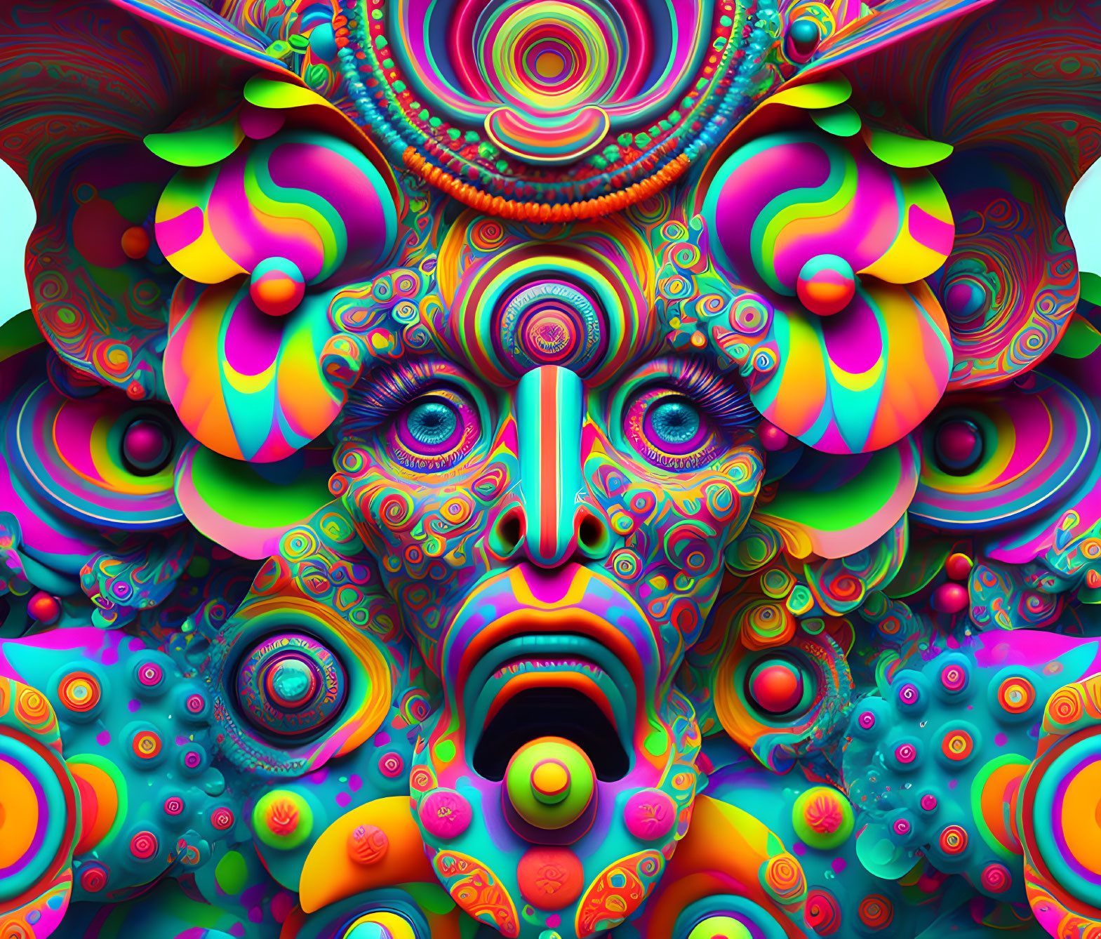 Colorful Psychedelic Digital Art with Abstract Patterns and Symmetrical Multi-Eyed Face