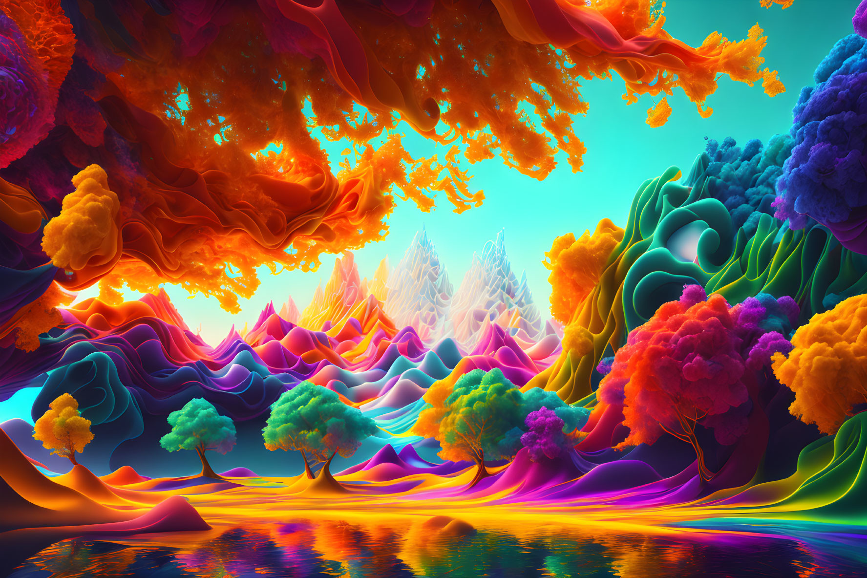 Colorful surreal landscape with rainbow hills, vibrant trees, and reflective water.