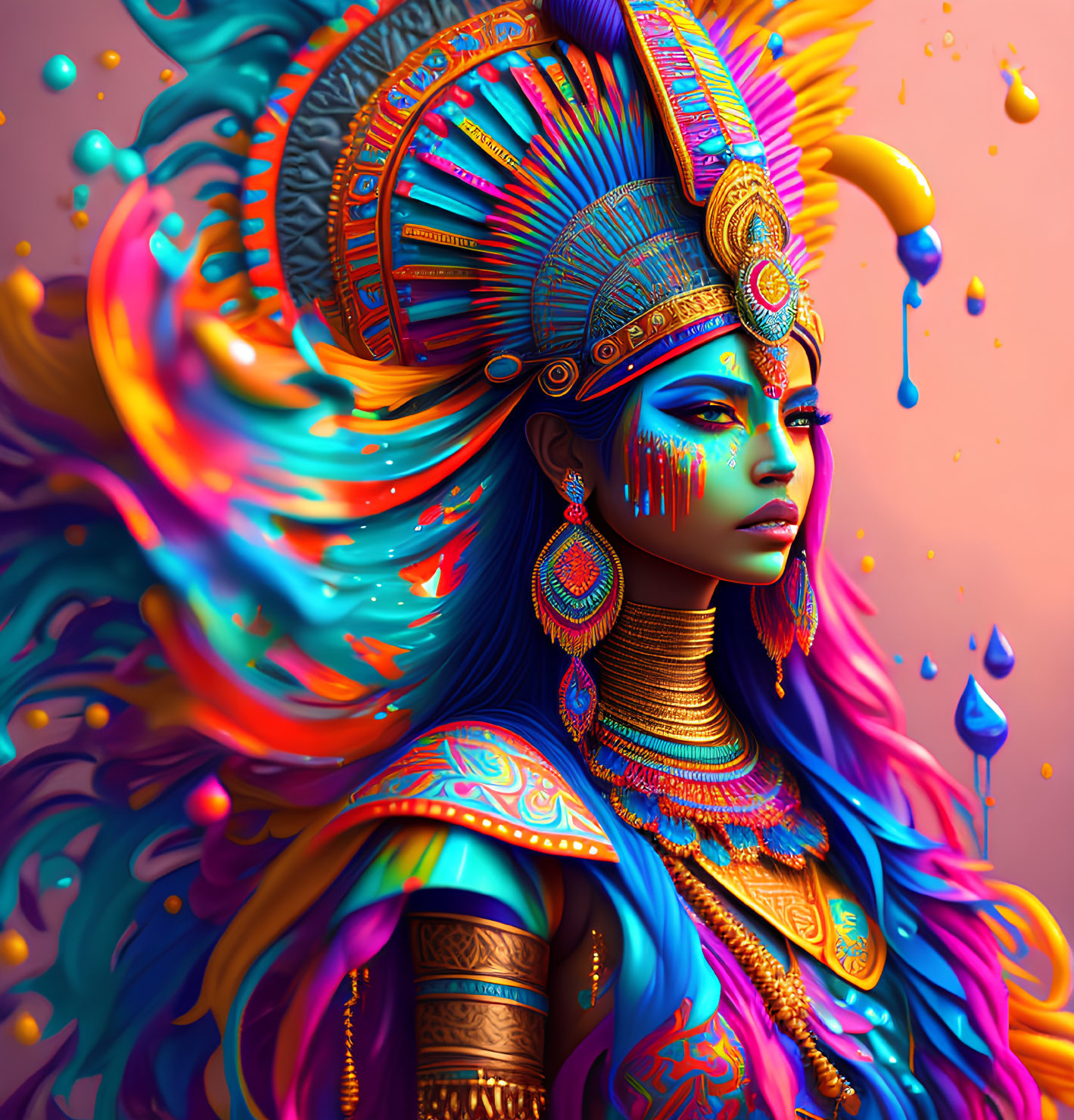 Colorful woman portrait with intricate face paint and headdress on warm backdrop