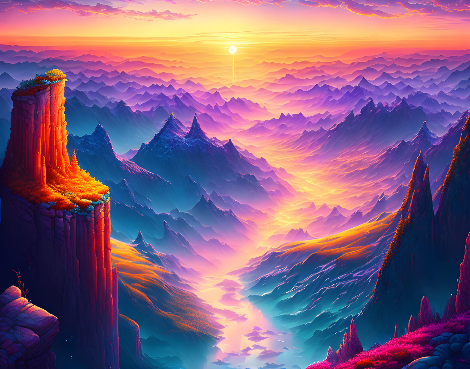 Colorful digital artwork: Sunset over fantastical mountain landscape