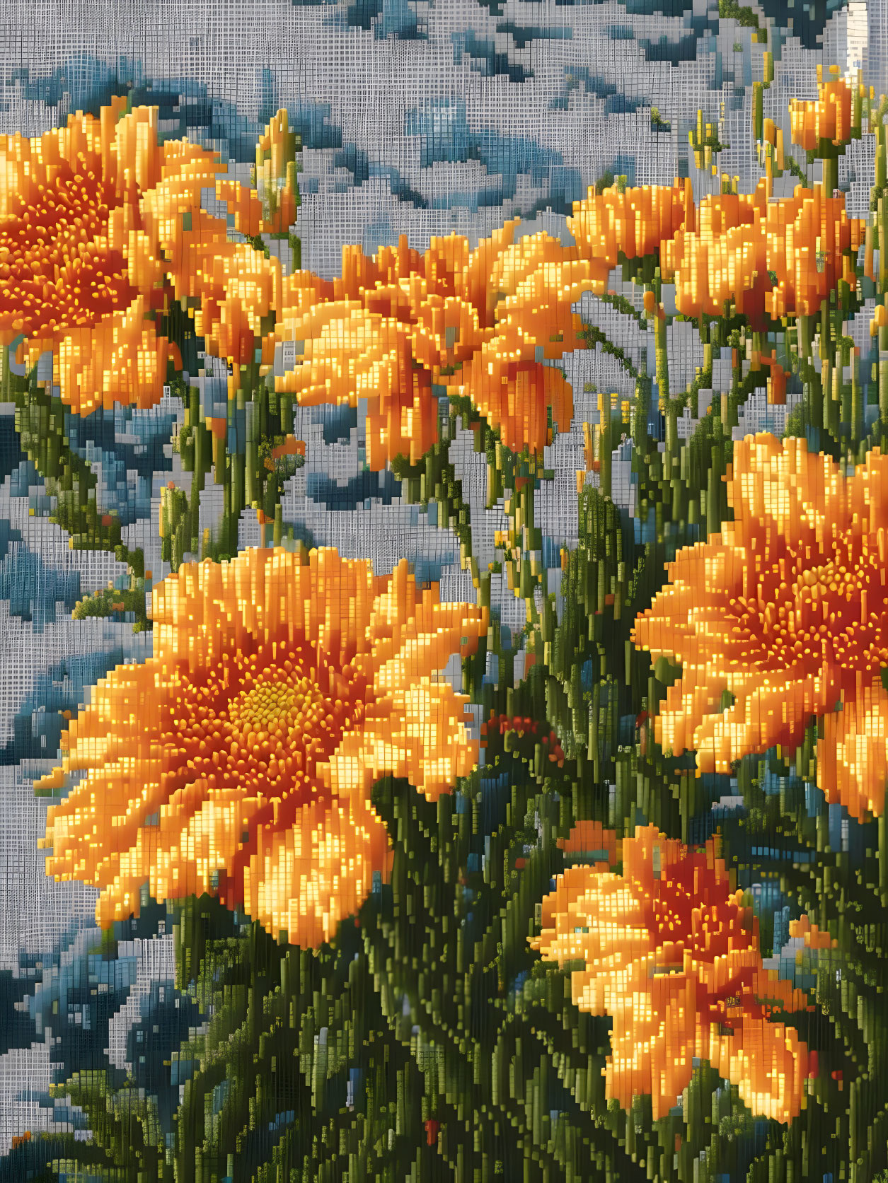 Vibrant yellow-orange marigolds on blue and white cross-stitch embroidery